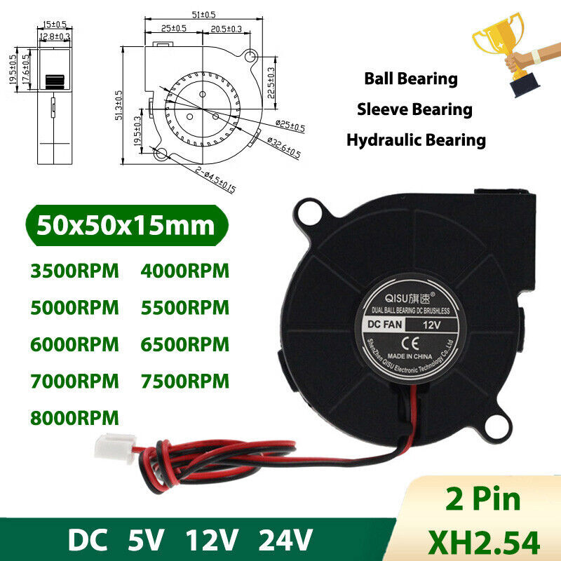 5015 DC Radial Turbo Blower Fan Mini Brushless Cooling Fan 5/12/24V 3500-8000RPM