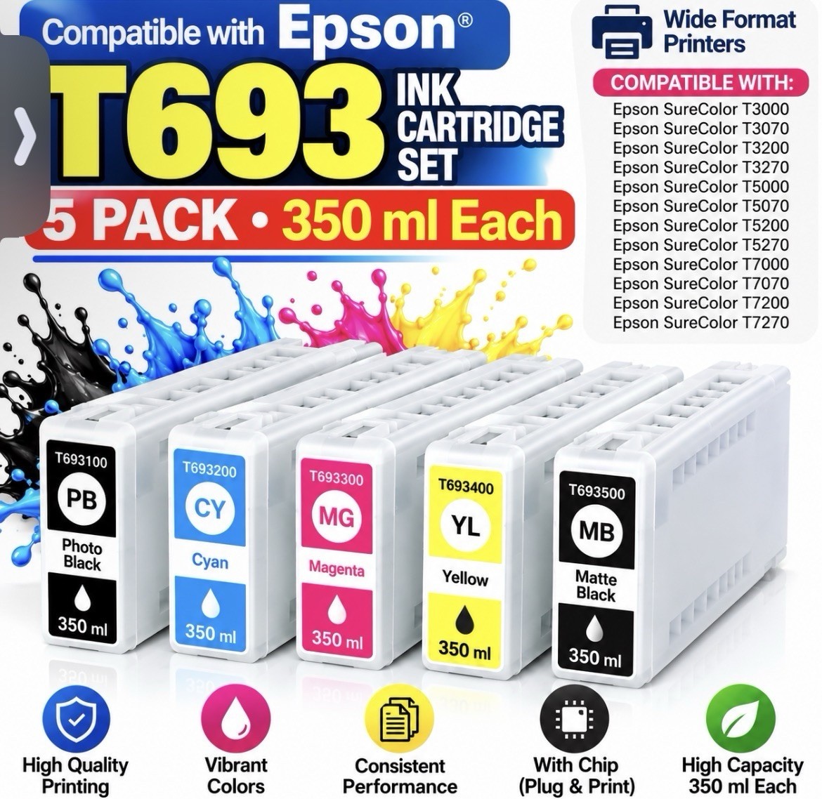T693 Ink Cartridges 5 Pack 350ml T6931-T6935 Compatible Epson SureColor
