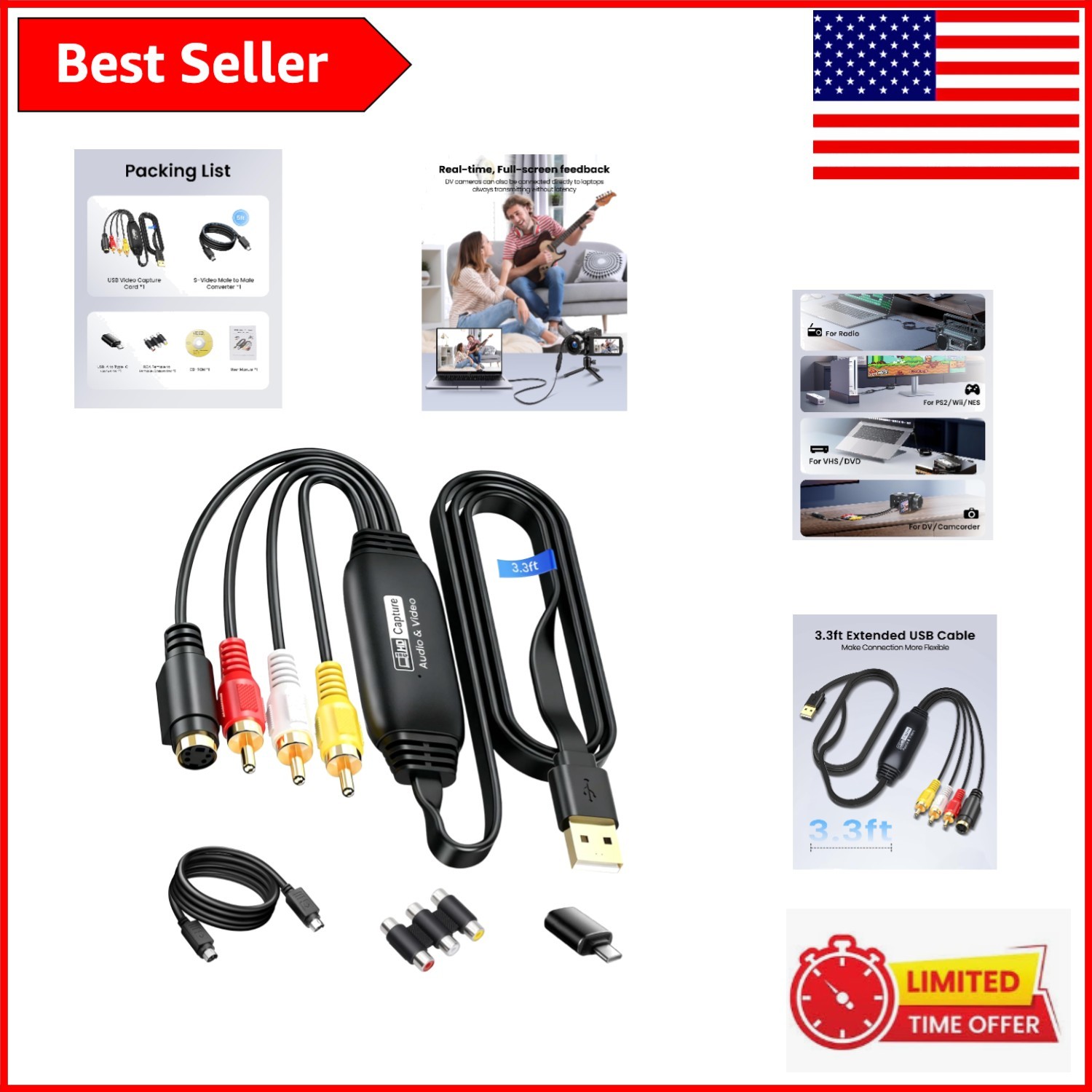 Versatile RCA/S-Video to USB Capture Card - 3.3ft Cable for Easy Video Transfer