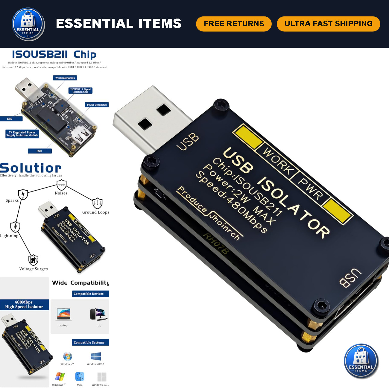 High-Speed USB 2.0 Isolator 480Mbps, Data Protection & Noise Reduction Device