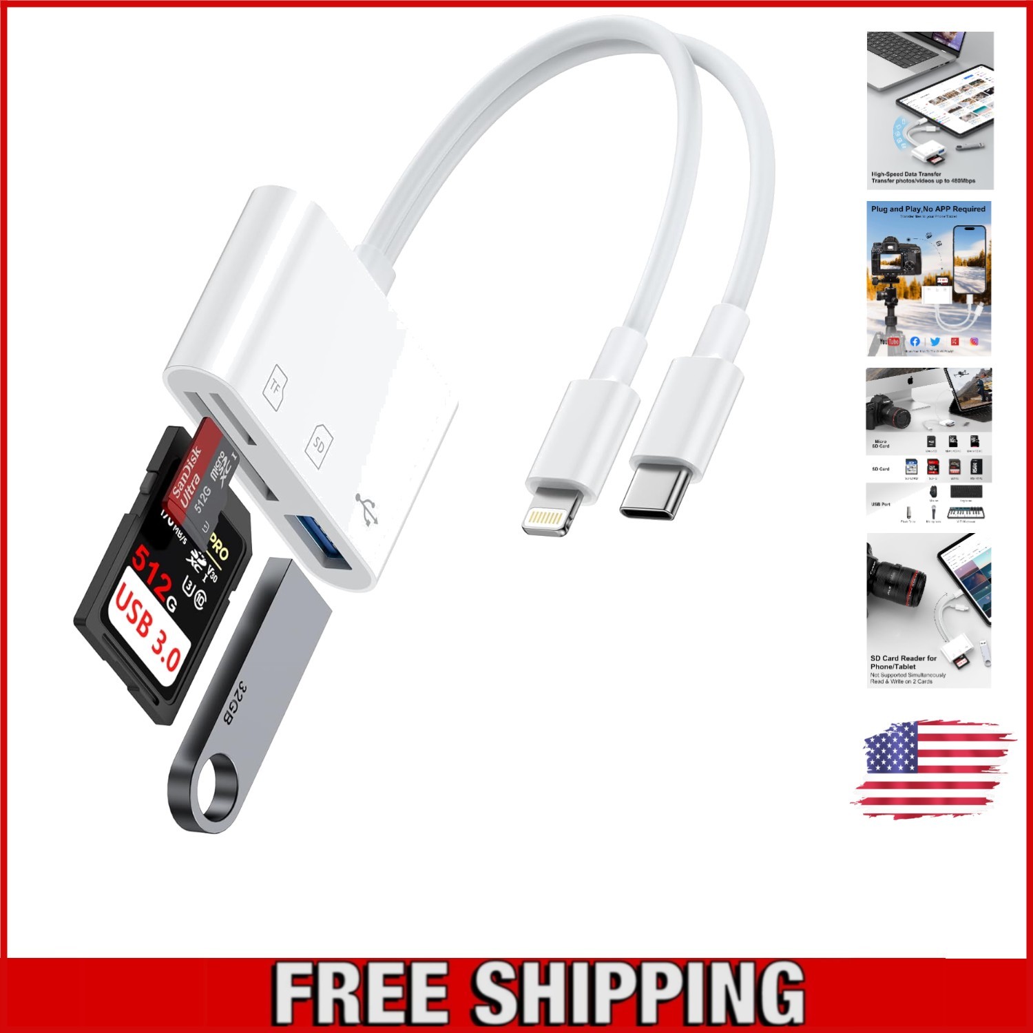 Compact 3-in-1 USB-C & Lightning Card Reader - Fast Transfer for Photos & Videos