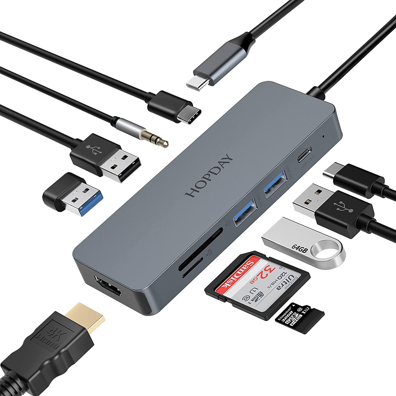 HOPDAY 10-in-1 USB C Hub Adapter MacBook Pro Air iPad Pro 4K HDMI PD 100W