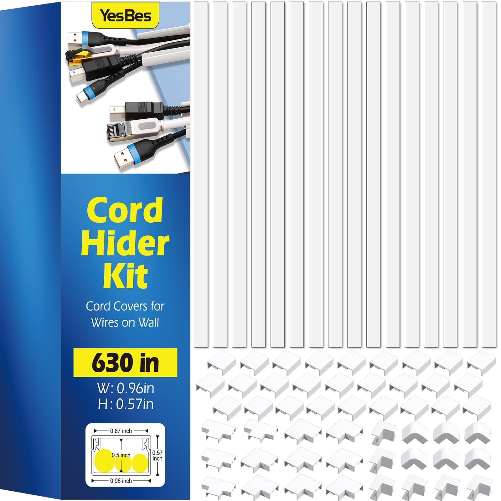 White TV Cable Raceway Cord Hider 52.5ft Self-Adhesive Paintable Wall Wire Cover