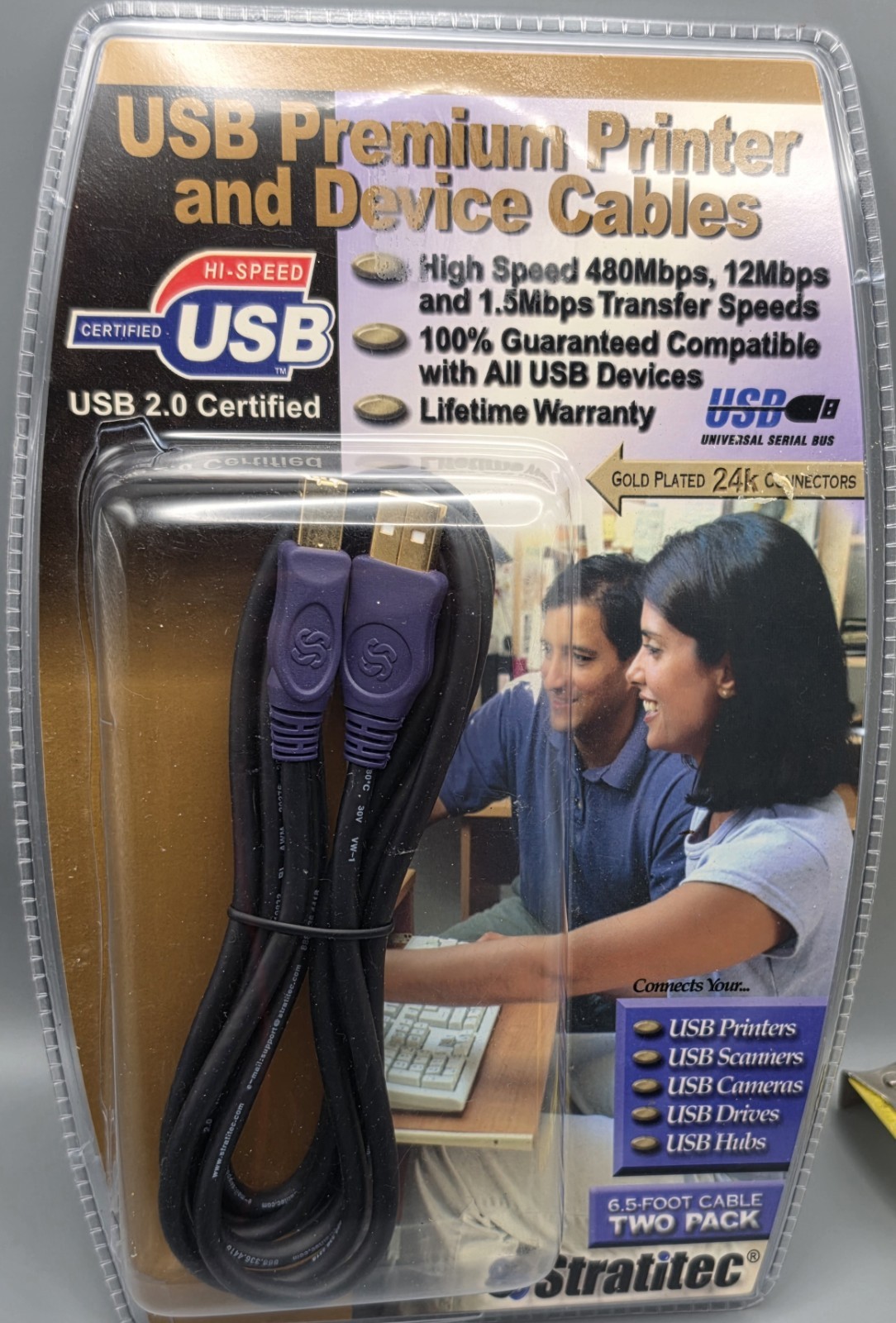 Stratitec USB 2.0 Printer Device Cables 6.5FT 2 Pack Gold Plated Vintage