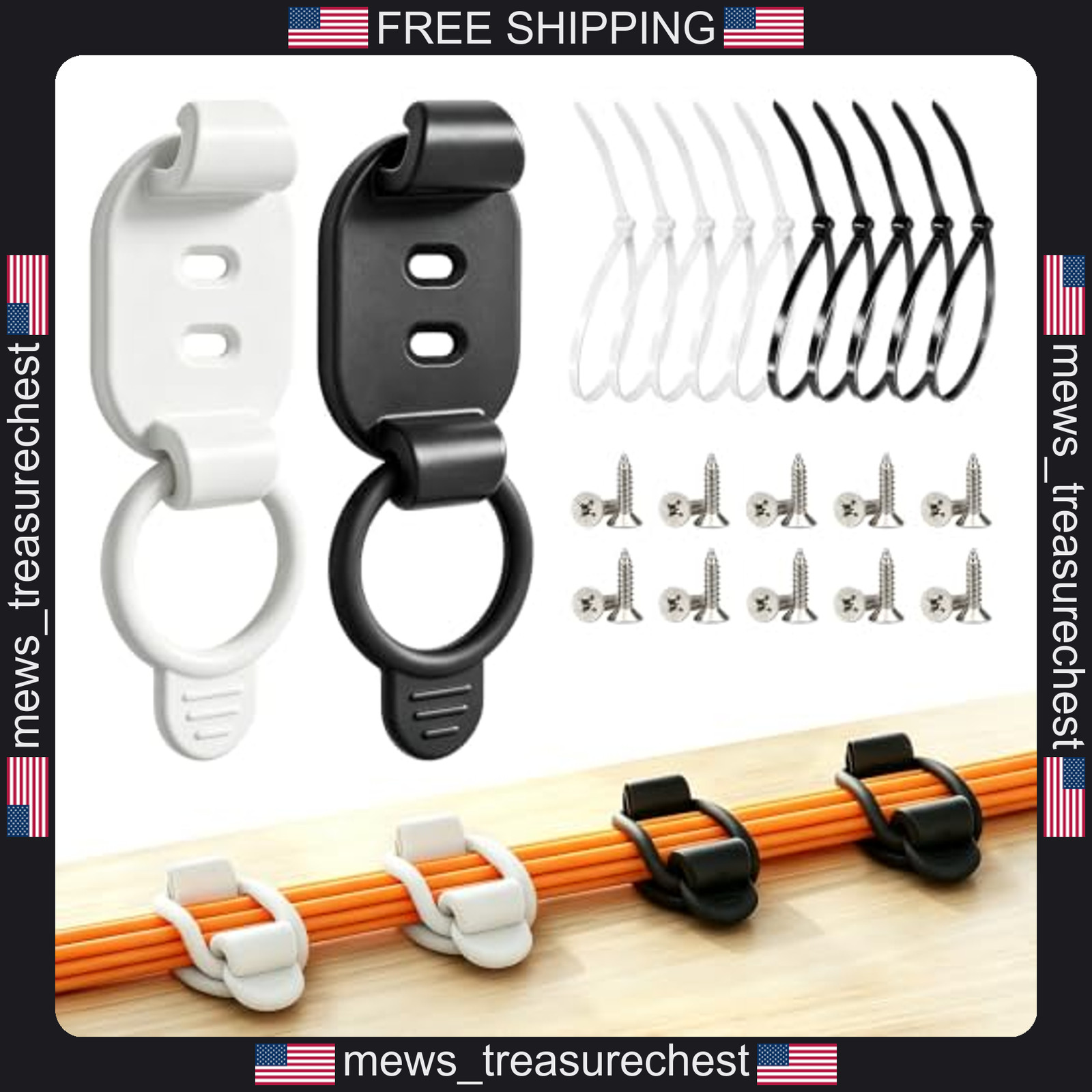 Cable Management Clips Set with Elastic Loops, Reusable, 10 Pack