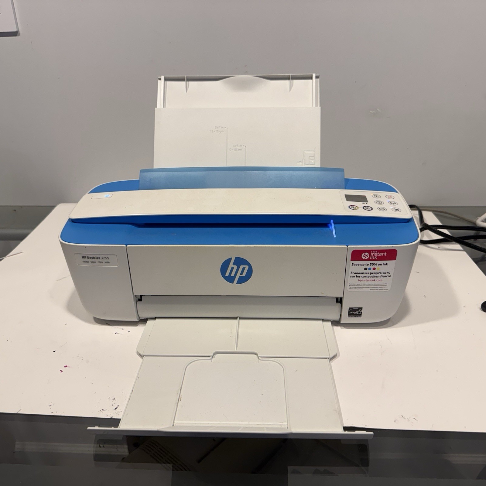 HP DeskJet 3755 Wireless All-in-One Printer Blue Tested Print Copy No Ink 281 Pa