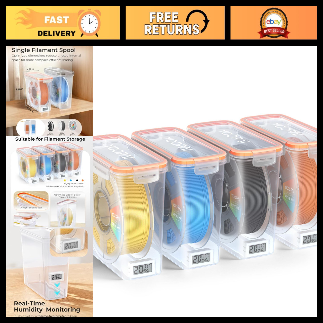 Airtight 3D Printer Filament Storage Box with Humidity Monitor & Desiccant - 1KG