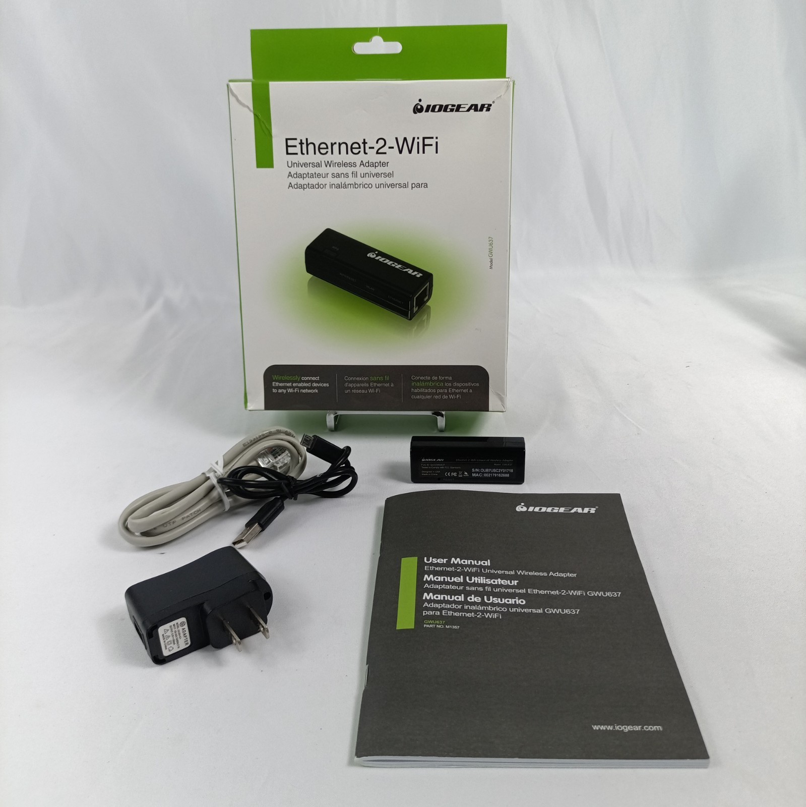 IOGEAR GWU637 Ethernet-2-WiFi Wireless Adapter Box Cables AC Adapter EUC