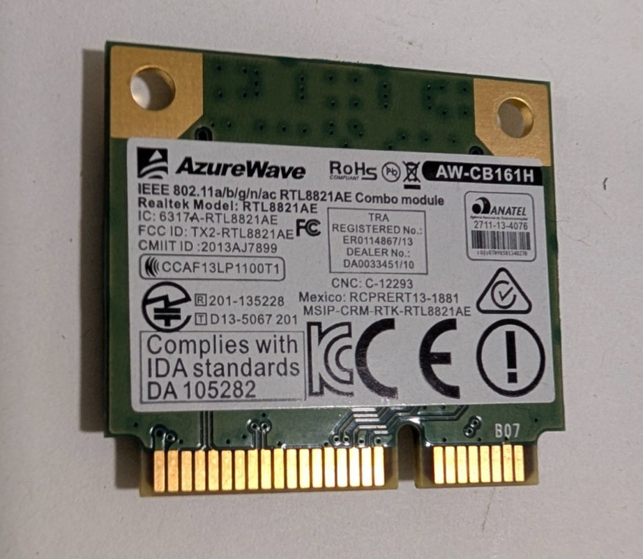AzureWave AW-CB161H Realtek RTL8821AE WiFi-5 802.11/AC + BT 4.0 MiniPCIe Card