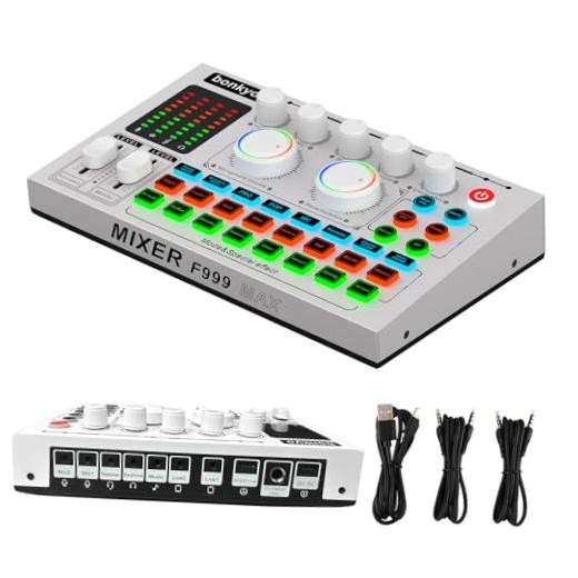 F999MAX Live Sound Card, RGB Lighting Effects, Professional Audio Mixer &