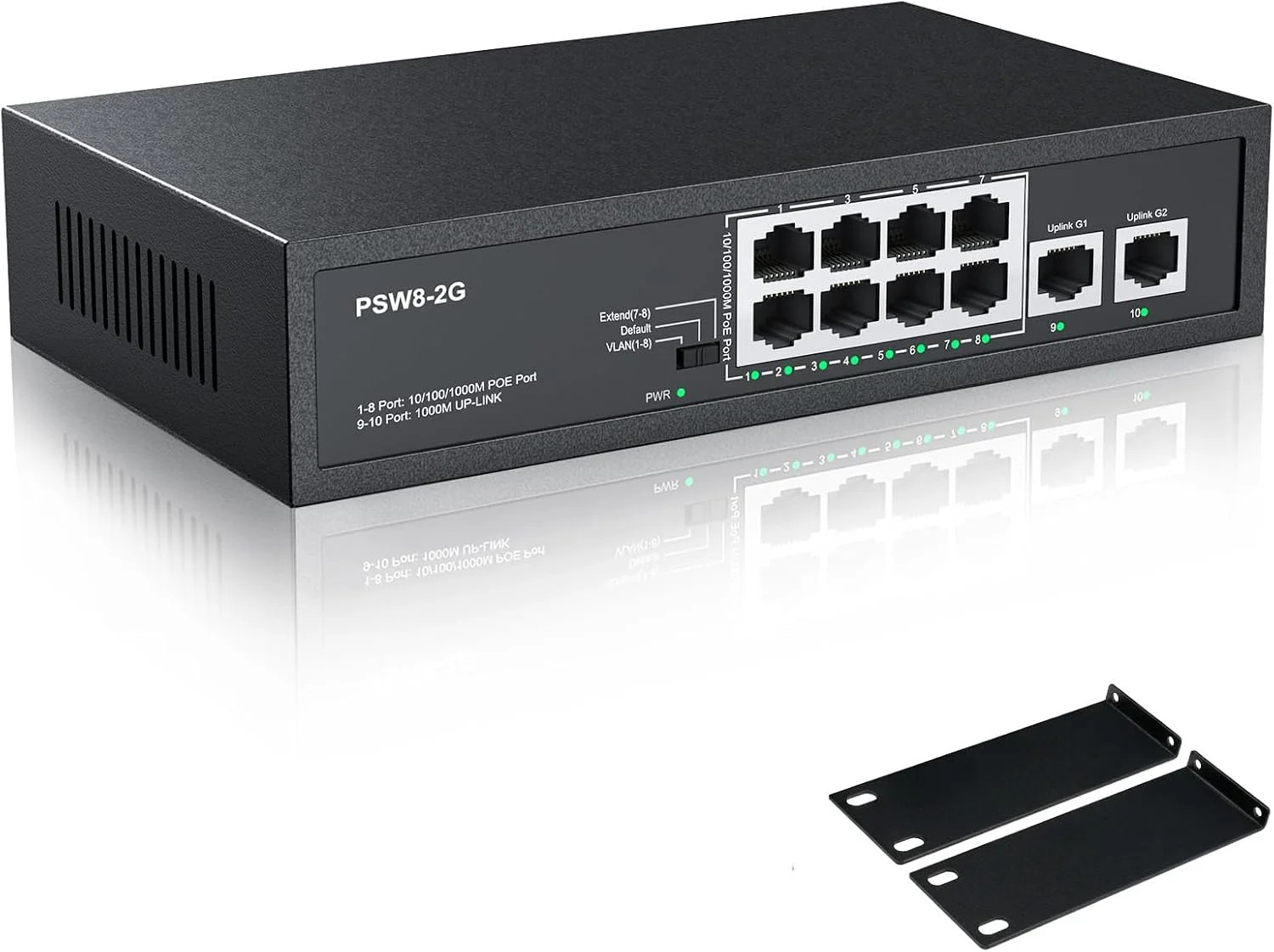 10 Port Full Gigabit PoE+ Switch with Rack Mount Ears, 8 Port PoE 1000Mbps, 2x10