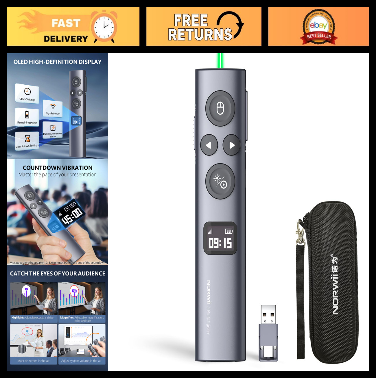 Wireless Presentation Remote, N95s Slide Clicker for PowerPoint, Laser Pointer