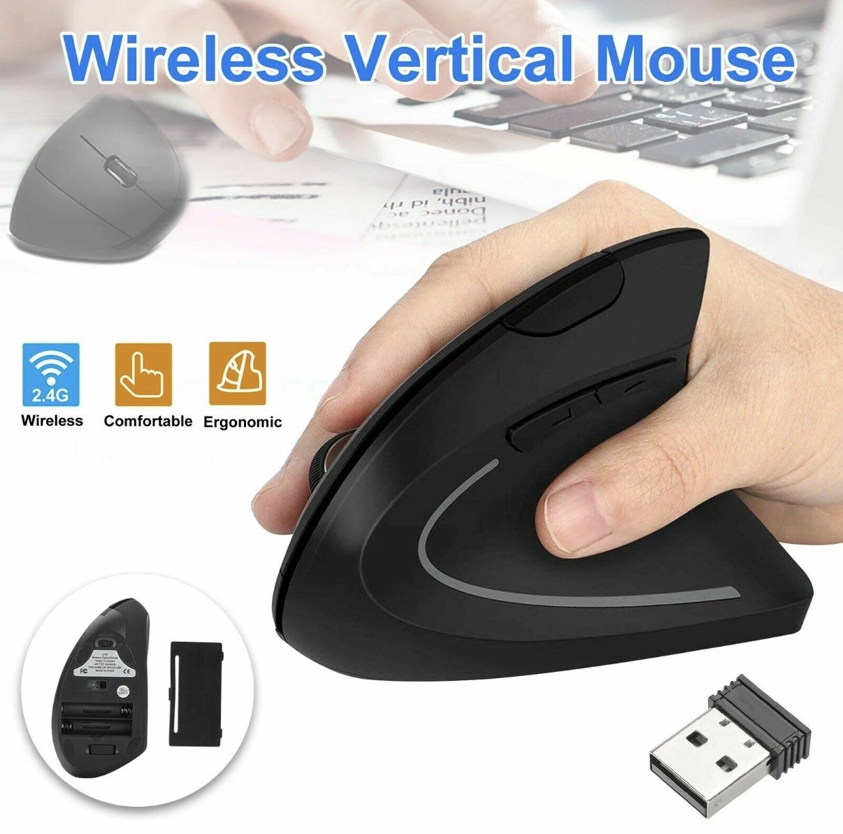 Ergonomic Mouse Optical Vertical Mice 6 Keys USB Wireless 2.4GHz 1200DPI For PC