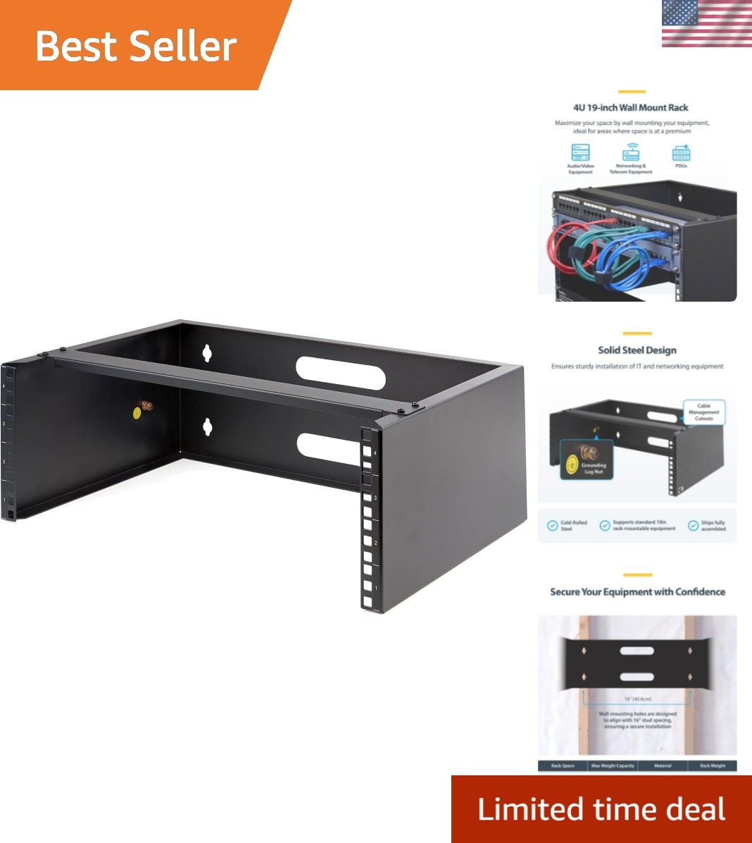 StarTech 4U 19" Wall-Mount Network Rack, 14" Deep, 44 lb WALLMOUNT4