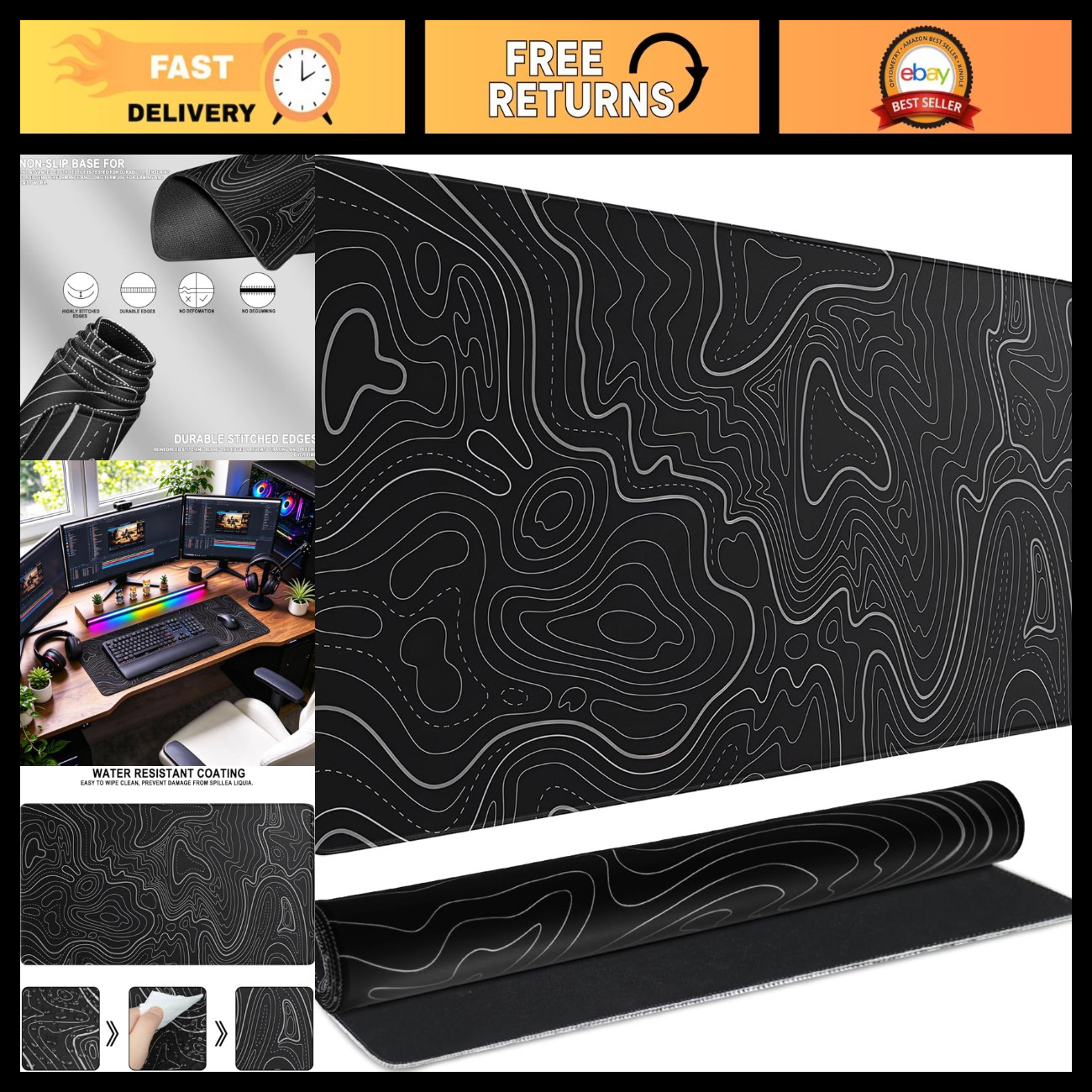 Extra Large Waterproof Gaming Mouse Pad, Stitched Edges, Non-Slip Surface