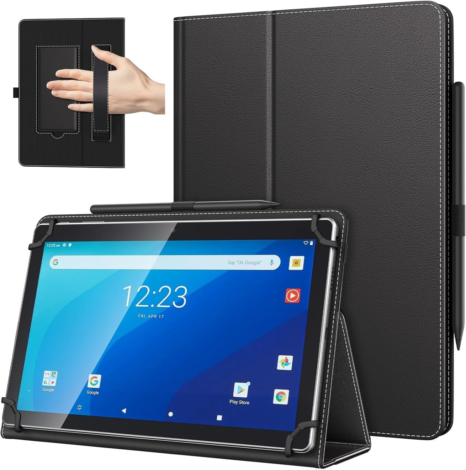 Universal 10.1 Inch Tablet Case with Pen Loop, Folding Stand & Hand Strap, Black