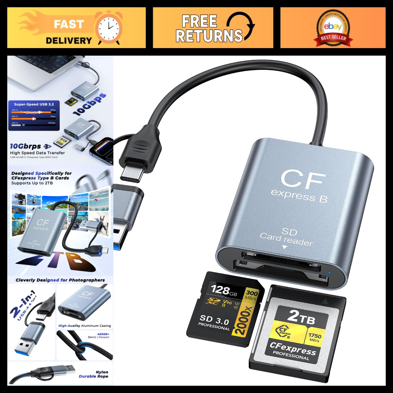 2-in-1 CFexpress Type B & SD Card Reader, USB-C & USB-A Dual Slot, Fast Transfer