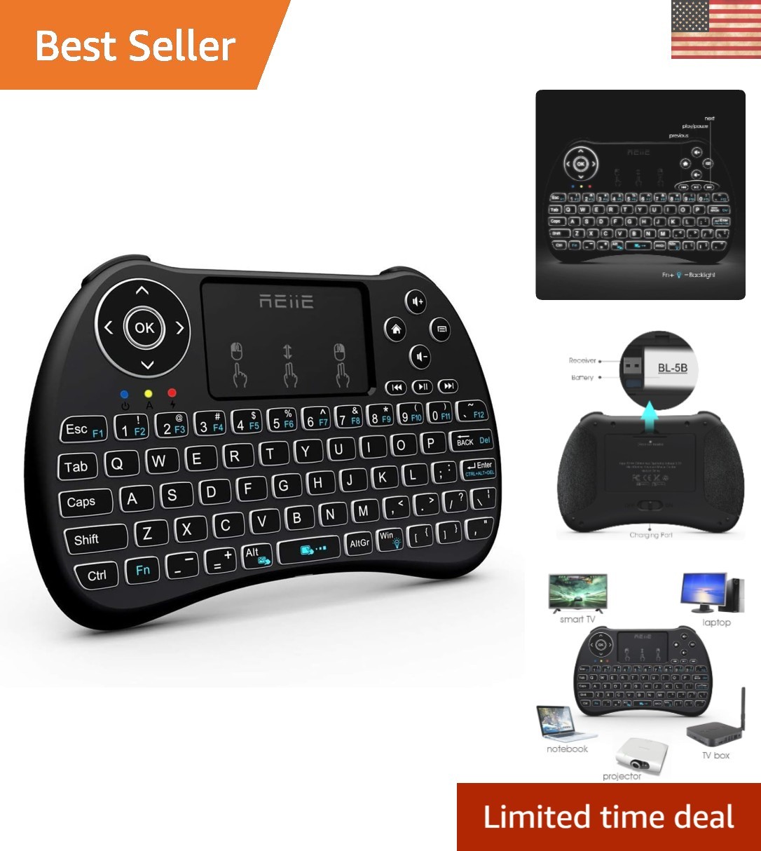 H9+ Backlit Wireless Mini Keyboard with Touchpad - 2.4GHz for Smart Devices