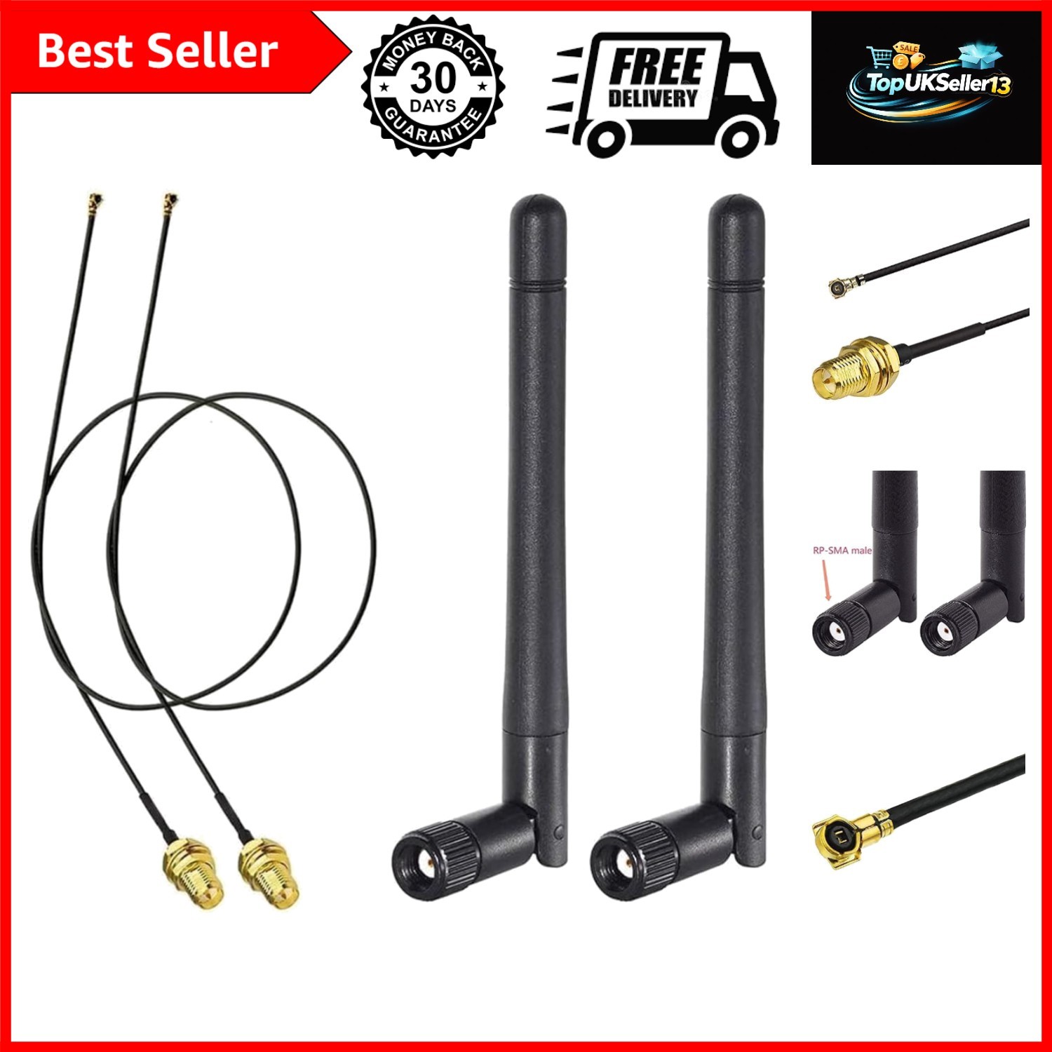WiFi Antenna 2.4GHz 5GHz 5.8GHz 3dBi MIMO RP-SMA Male 2-Pack + 2 x 12 inch Ng...