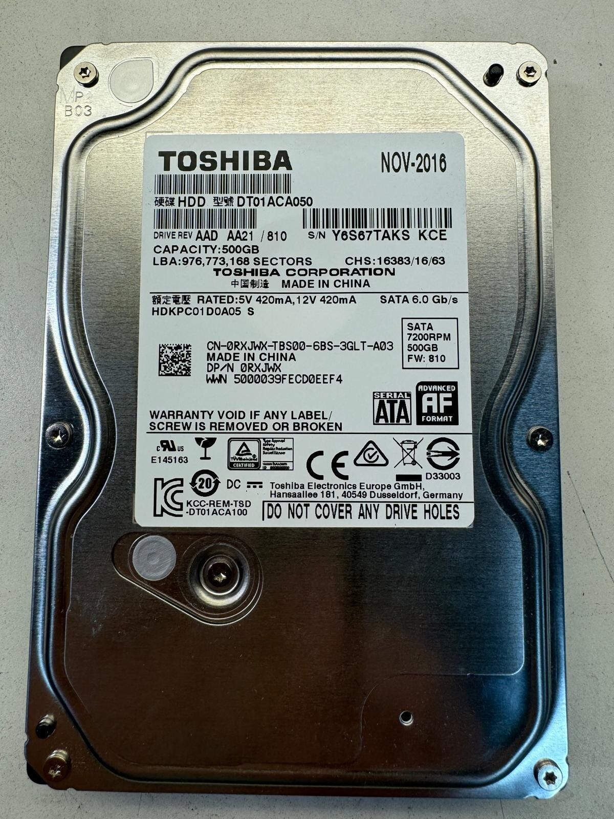 DELL RXJWX DT01ACA050 500GB 7.2K RPM 32MB CACHE 6 Gb/s SATA 3.5" HDD