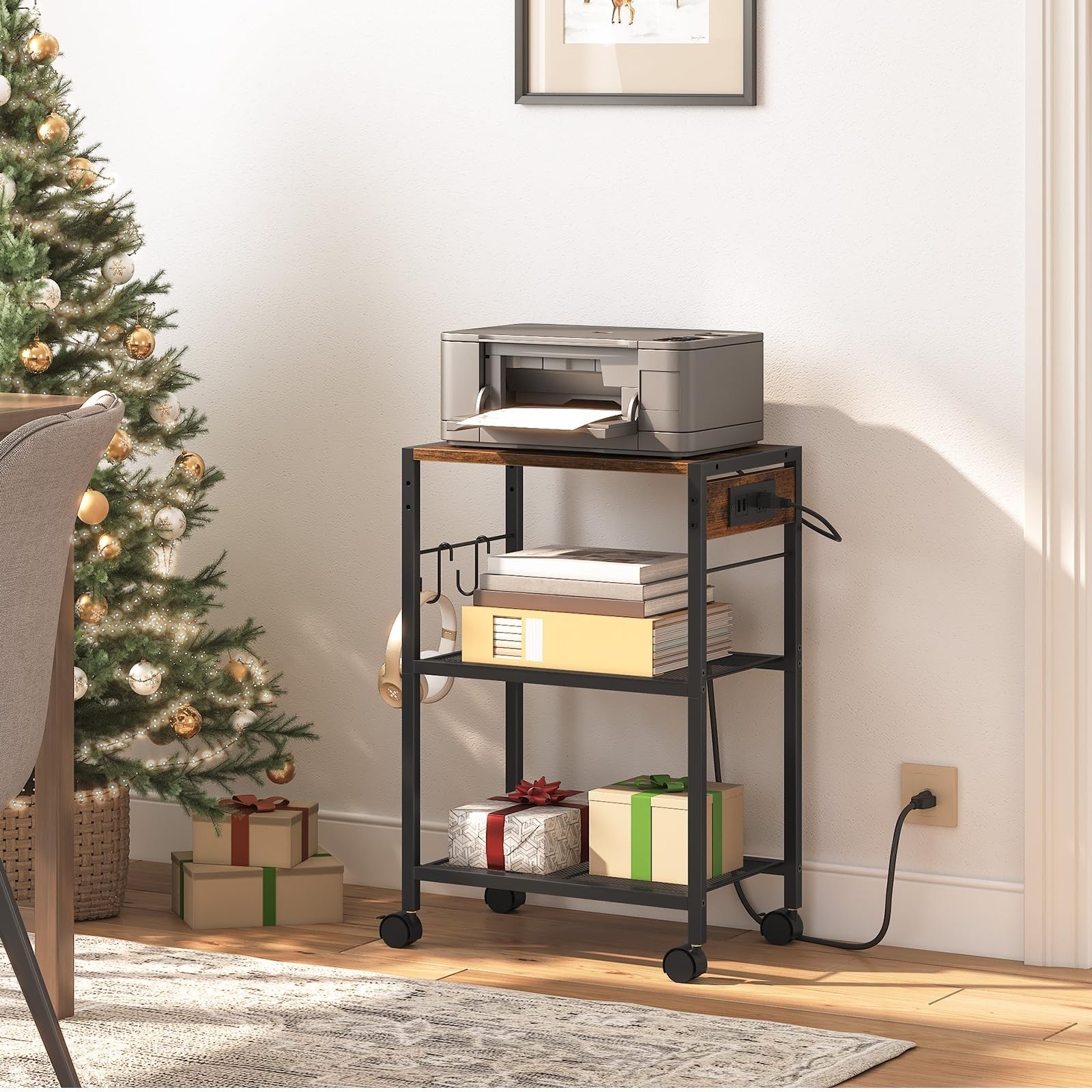 3 Tier Mobile Printer Stand Rolling Cart Power Outlets USB Ports 2 Hooks Office