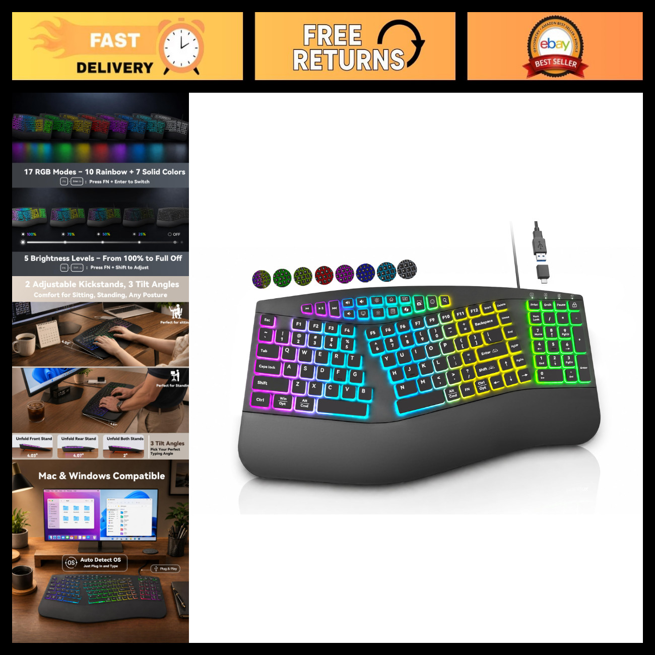 Ergonomic Wired Split Keyboard with RGB Backlight & Numpad - Black Design