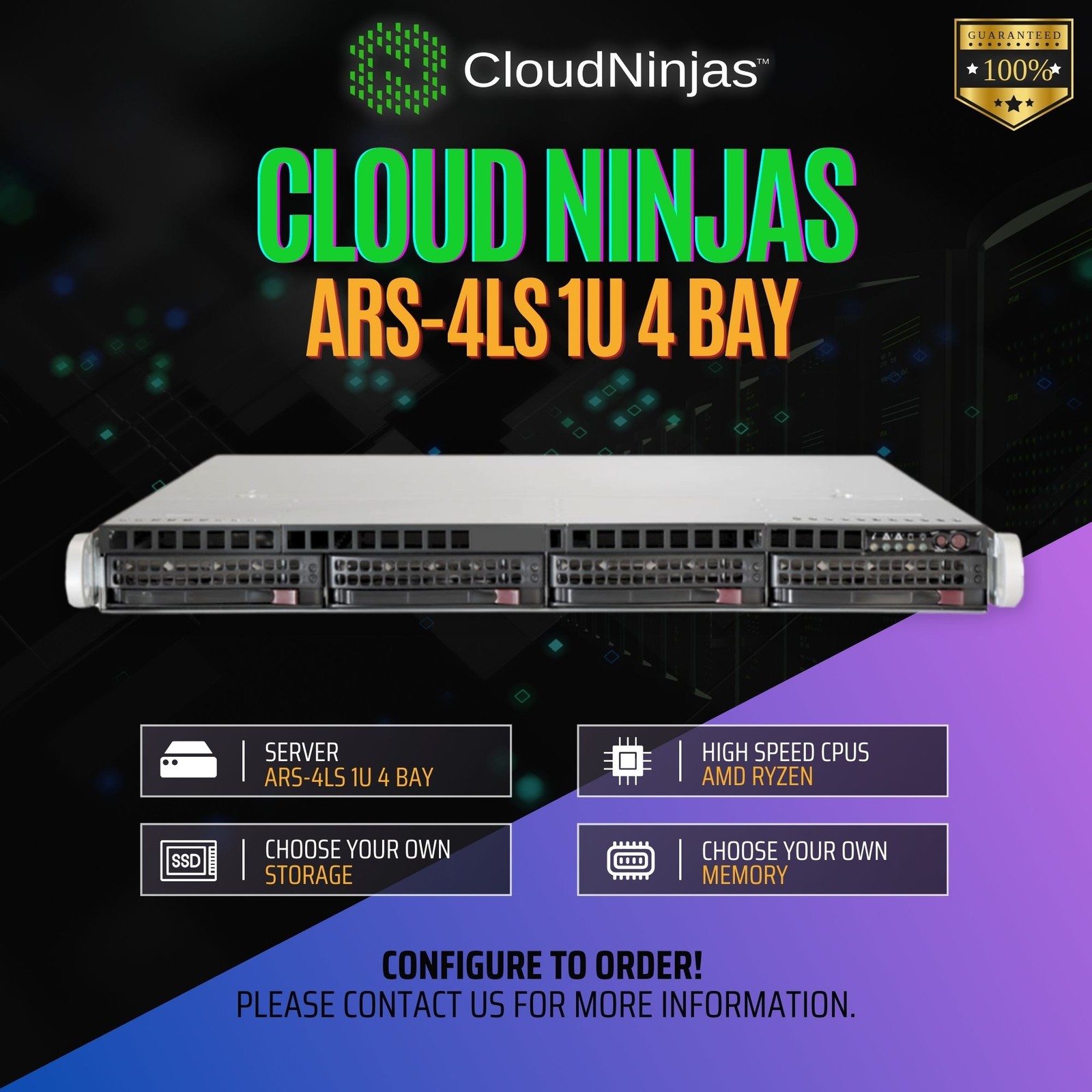 Cloud Ninjas ARS-4LS 1U 4 Bay Server AMD Ryzen 9 9900x 12 Core DDR5 ECC NVMe M.2