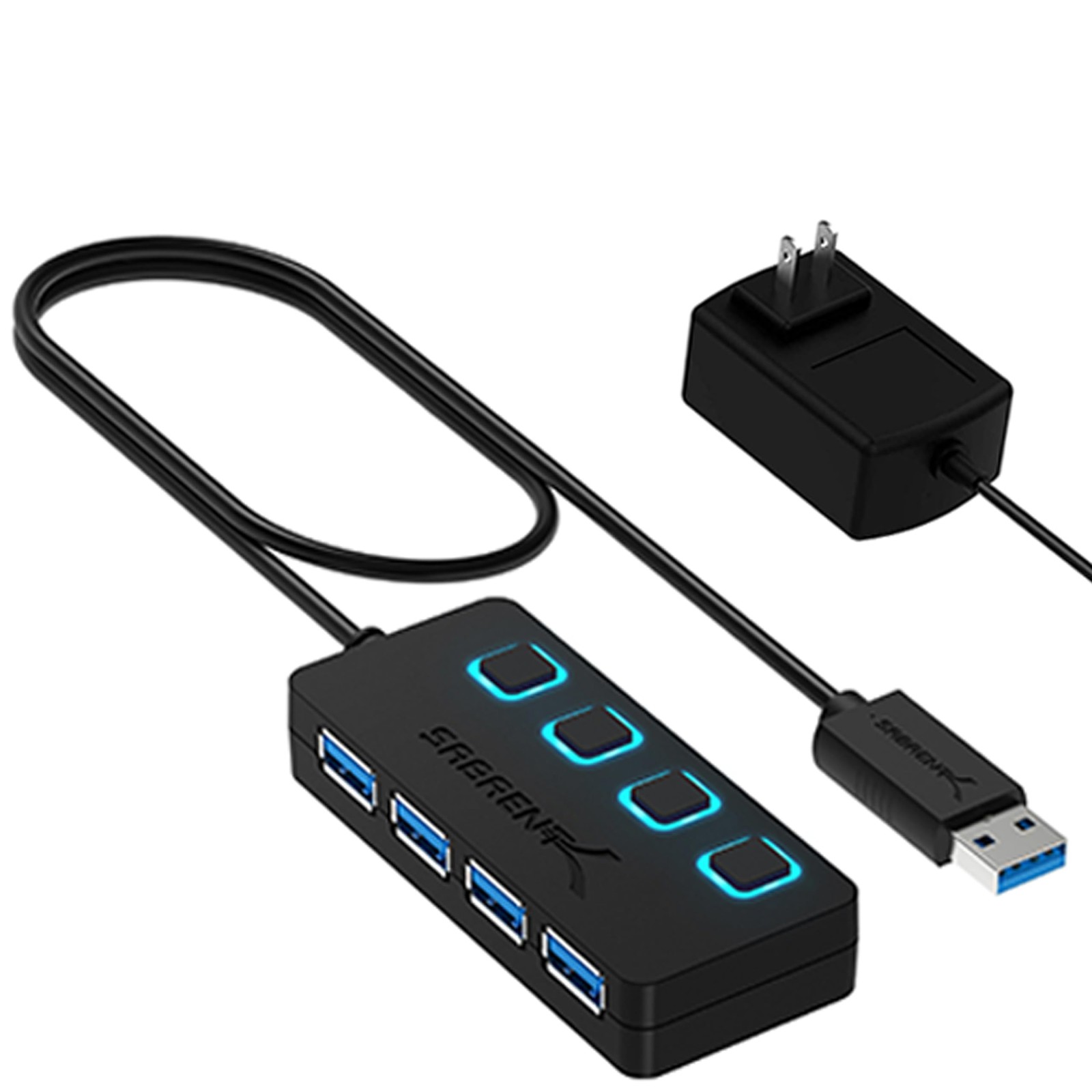 SABRENT 4-Port Powered USB 3.0 Hub, LED Power Switches (HB-UMP3) 4-port, Black