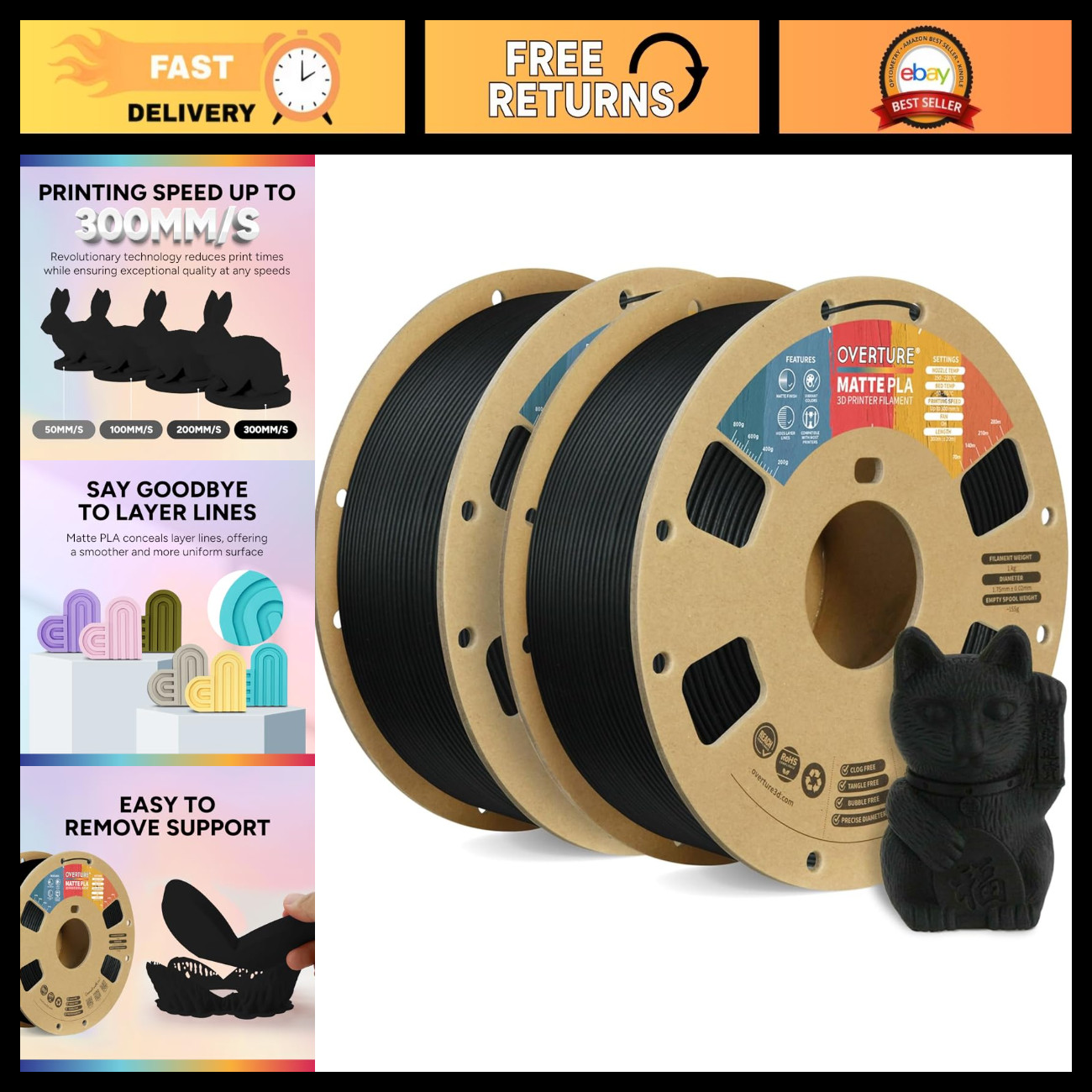 2KG Matte PLA 3D Printer Filament Bundle - Low Warp, Smooth Finish, High Quality