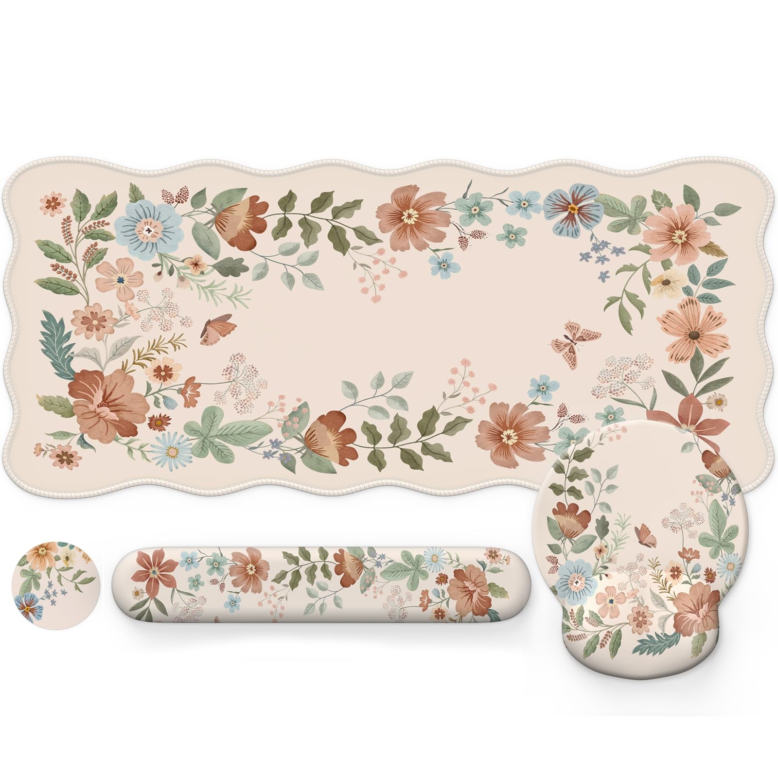 Scalloped Desk Mat with Mouse Pad and Wrist Rest,Ergonomic Desk Pad