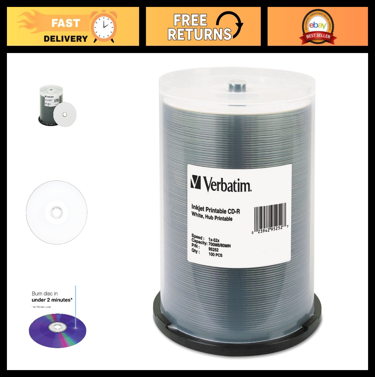 100pk CD-R 700MB 52X Printable Discs - White Inkjet Hub Recordable Media