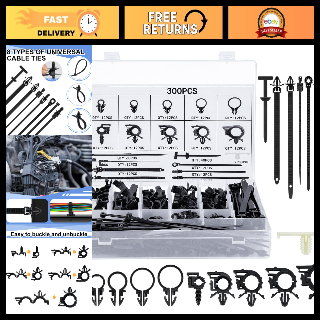 300 Pcs Wire Loom Clips - 15 Sizes Push Mount Cable Management for Cars