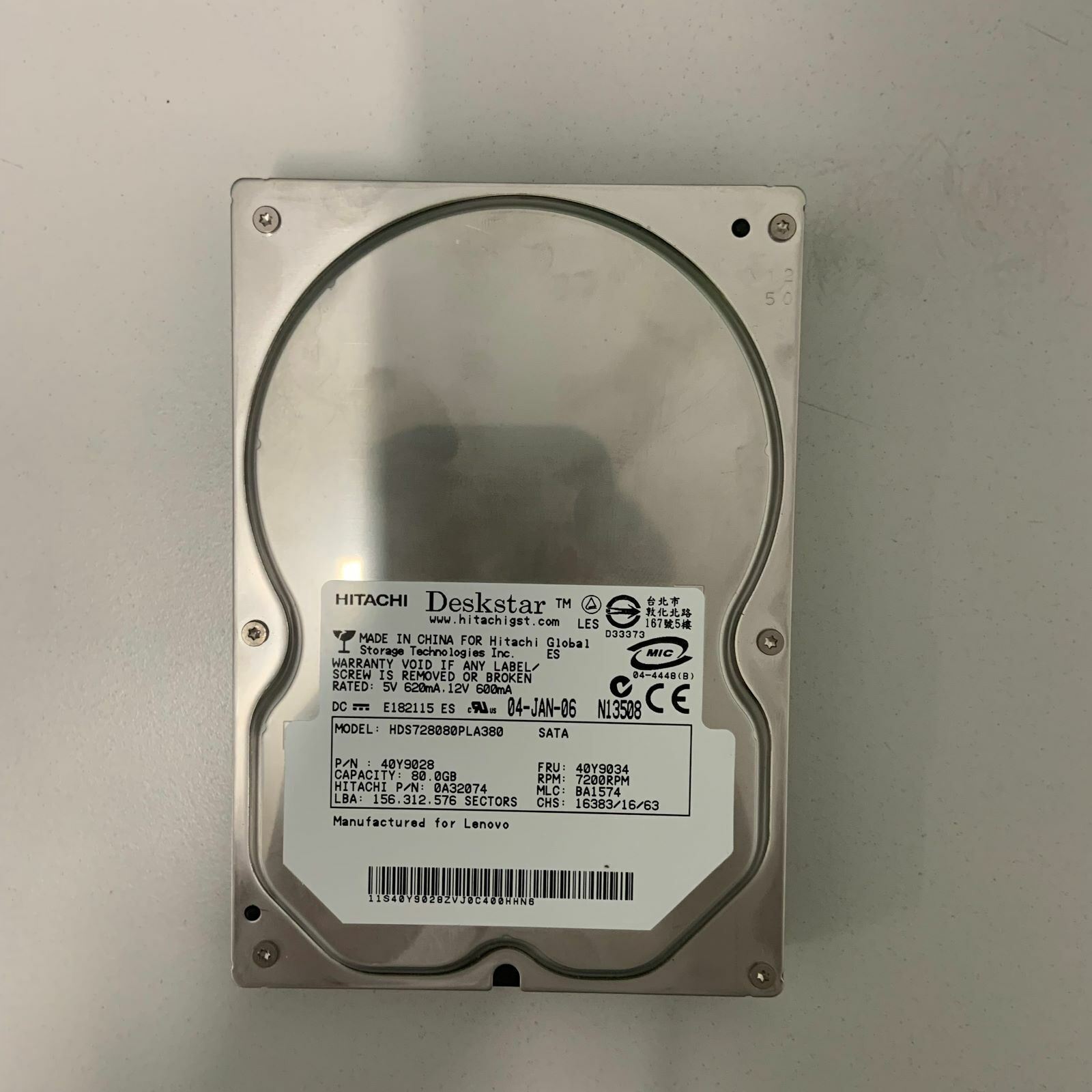 Genuine Hitachi 80GB 7.2K RPM SATA NHP LFF 3.5" Hard Disk Drive 40Y9034 0A32074 