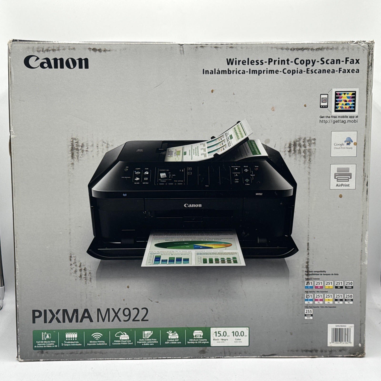Canon PIXMA MX922 Wireless All-In-One Inkjet Color Printer AirPrint New
