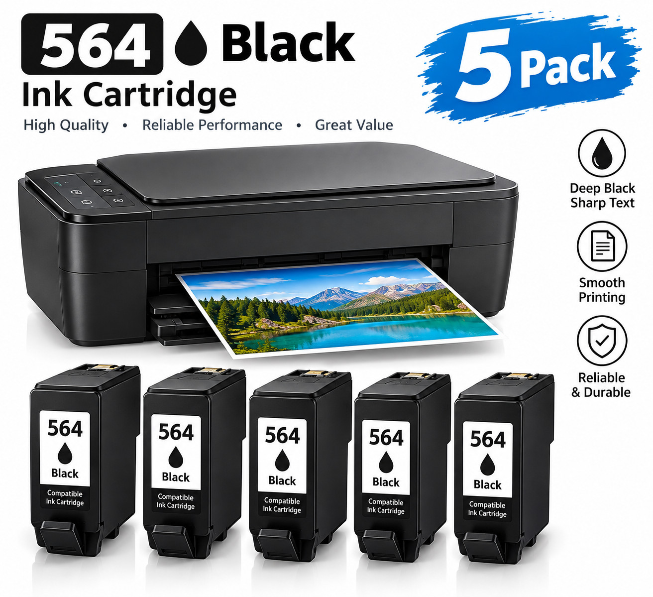 5x Black Ink Cartridge replace for HP 564XL Photosmart 7510 5510 6520 7520 5520