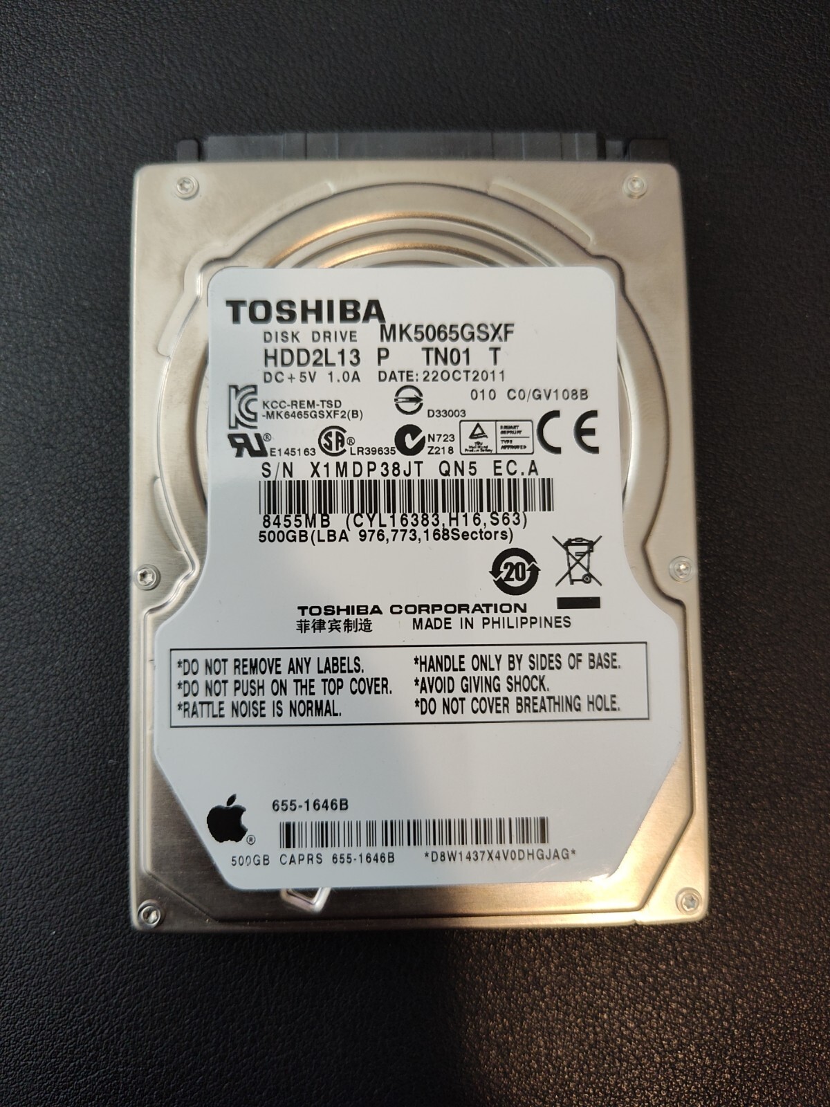 TOSHIBA APPLE MK5065GSXF 500GB SATA HD HDD2L13 GV108B 655-1646B Item #061