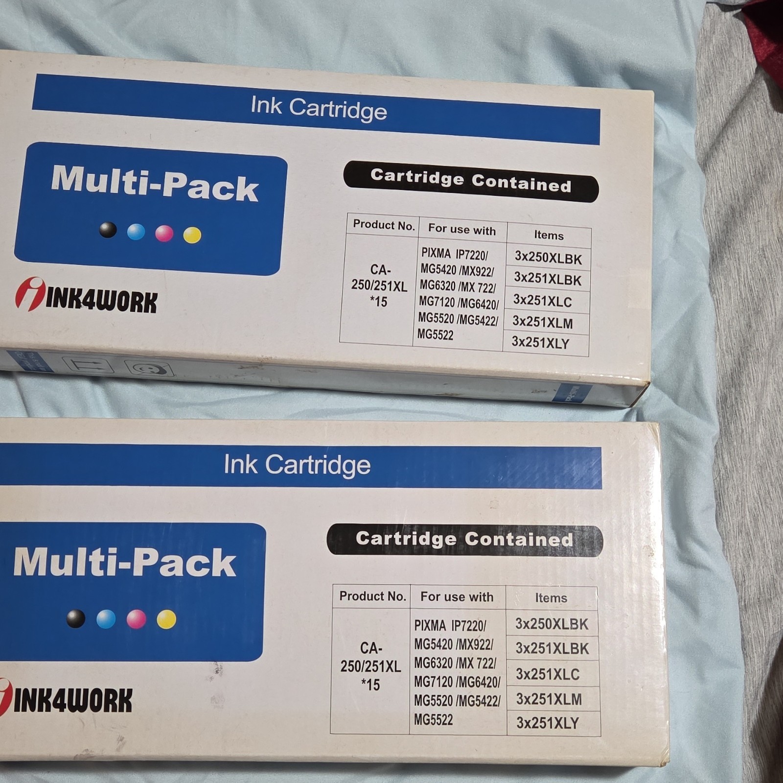 2 BOXES ink4work CA-250/251XL 15-Pack Ink Cartridges BK/C/M/Y for Canon PIXMA