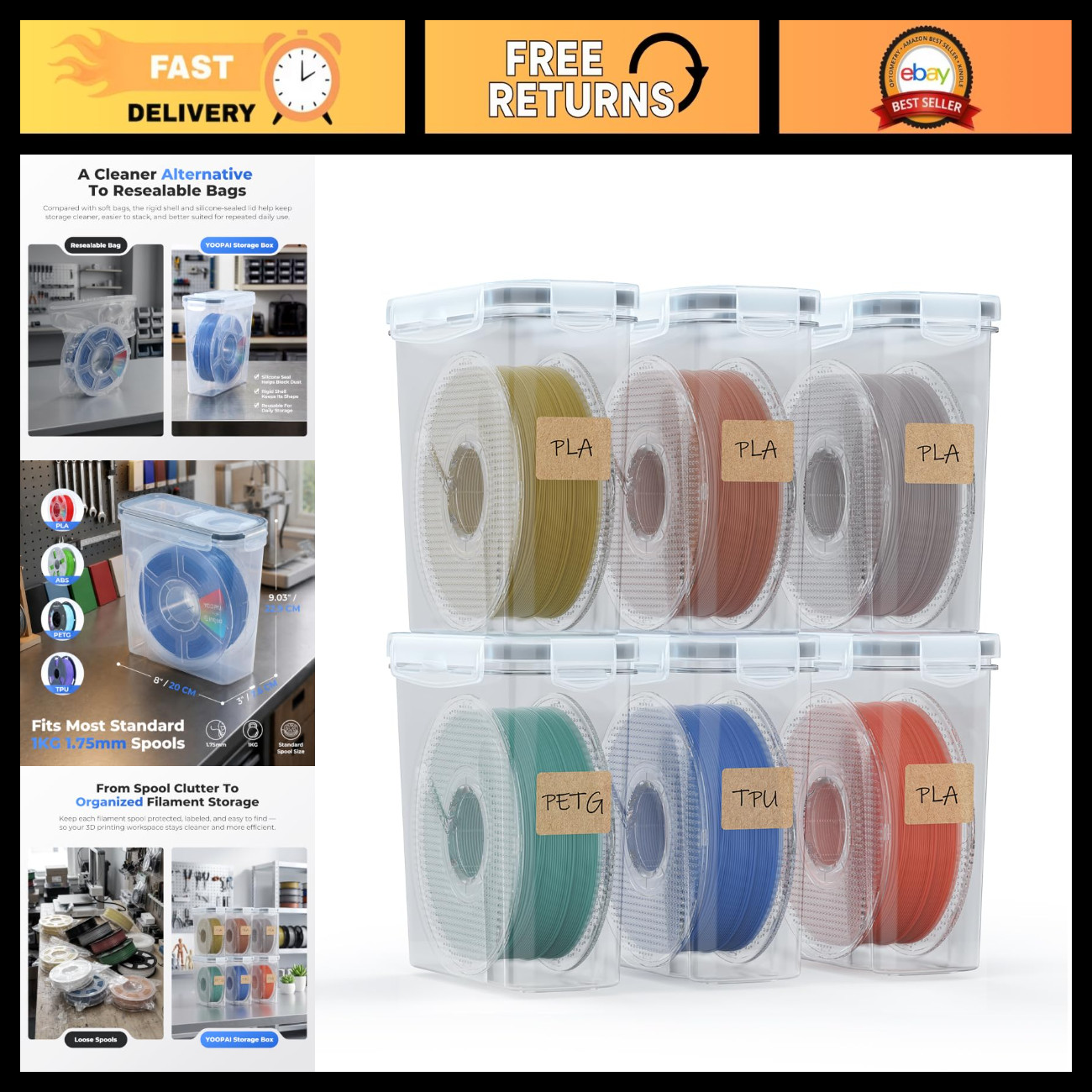 6 Pack 3D Printer Filament Storage Box - Waterproof, Dust-Proof Containers with