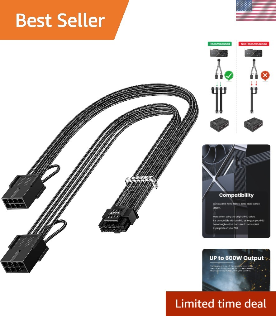Fasgear 16 Pin GPU Cable Adapter Extension Cable, Black