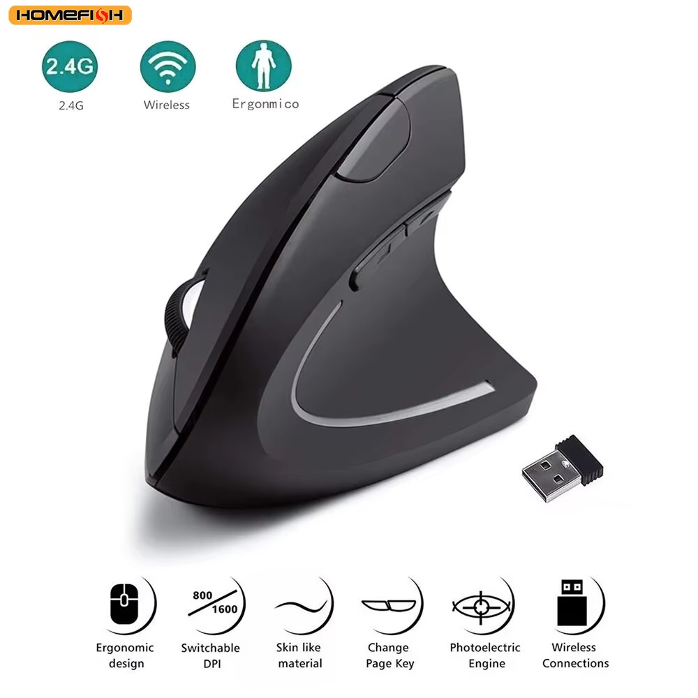HOMEFISH Vertical Ergonomic Mouse Wireless 2.4GHz Optical 6 Buttons 800-1600 DPI