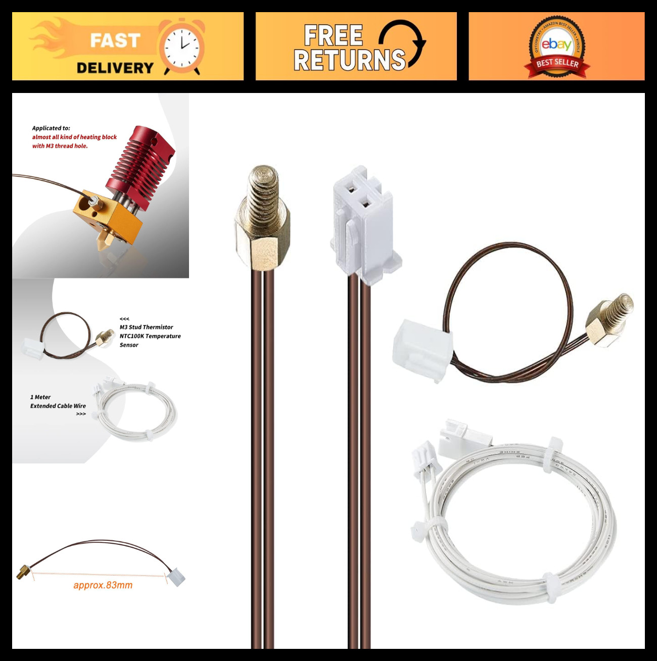 High Temp Resistant 3D Printer NTC 100K Thermistor for Ender 3/5, Easy Install,