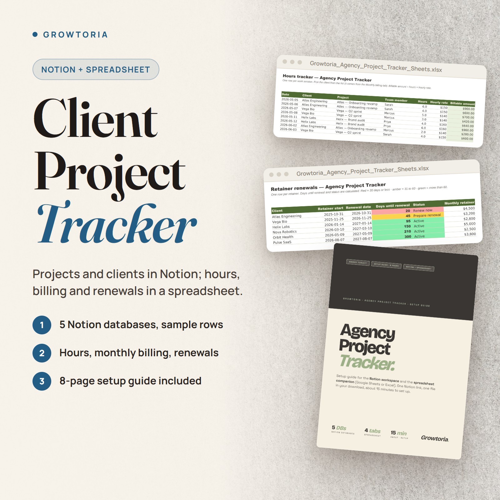 Project Management Tracker Notion Template Excel Google Sheets Hours Retainer