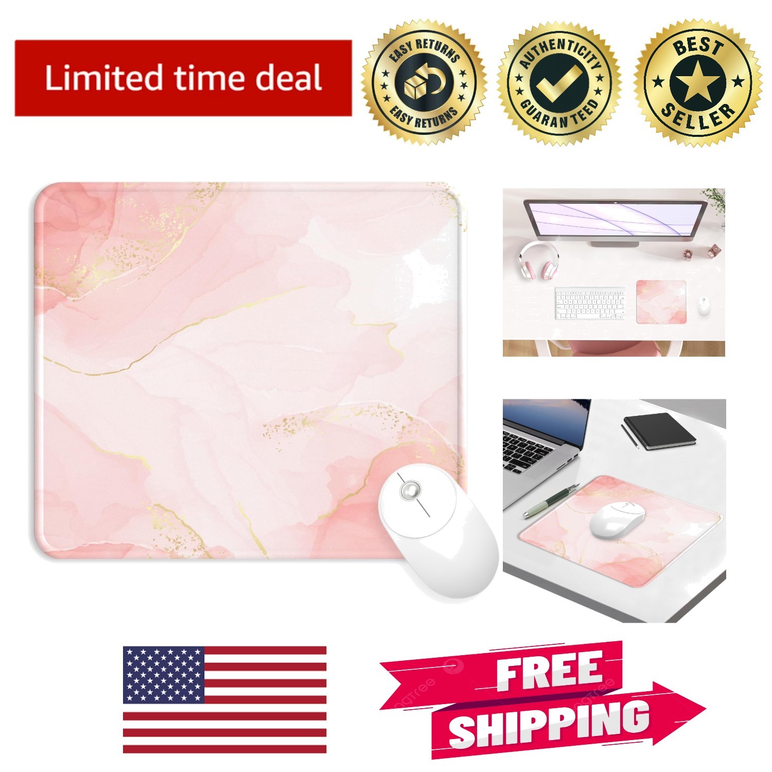 Multiple Pattern Blush Gold Mouse Pad, Washable & Perfect for Gaming/Office