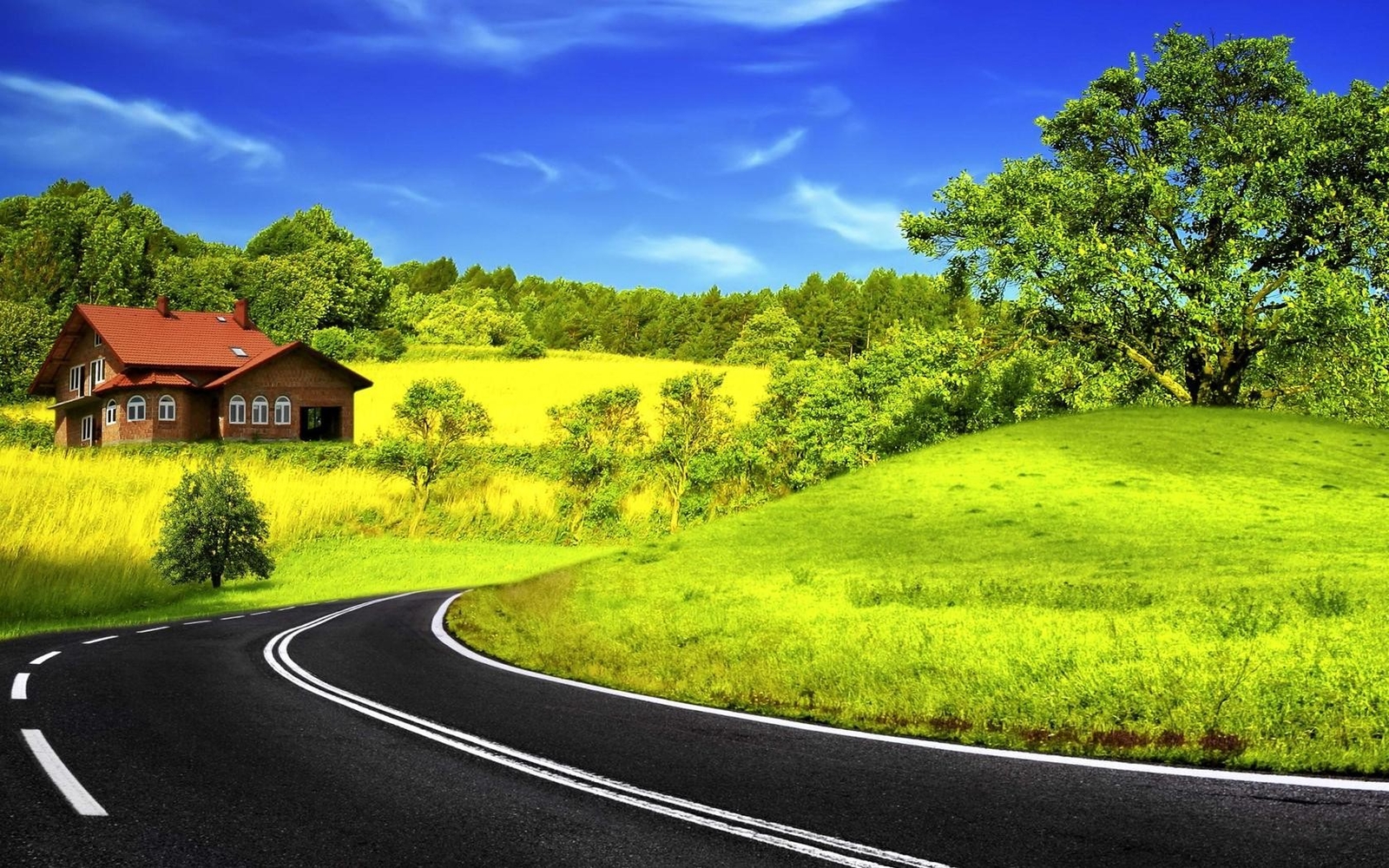 Landscape spring hills trees house grass field road Custom Gaming Mat Desk