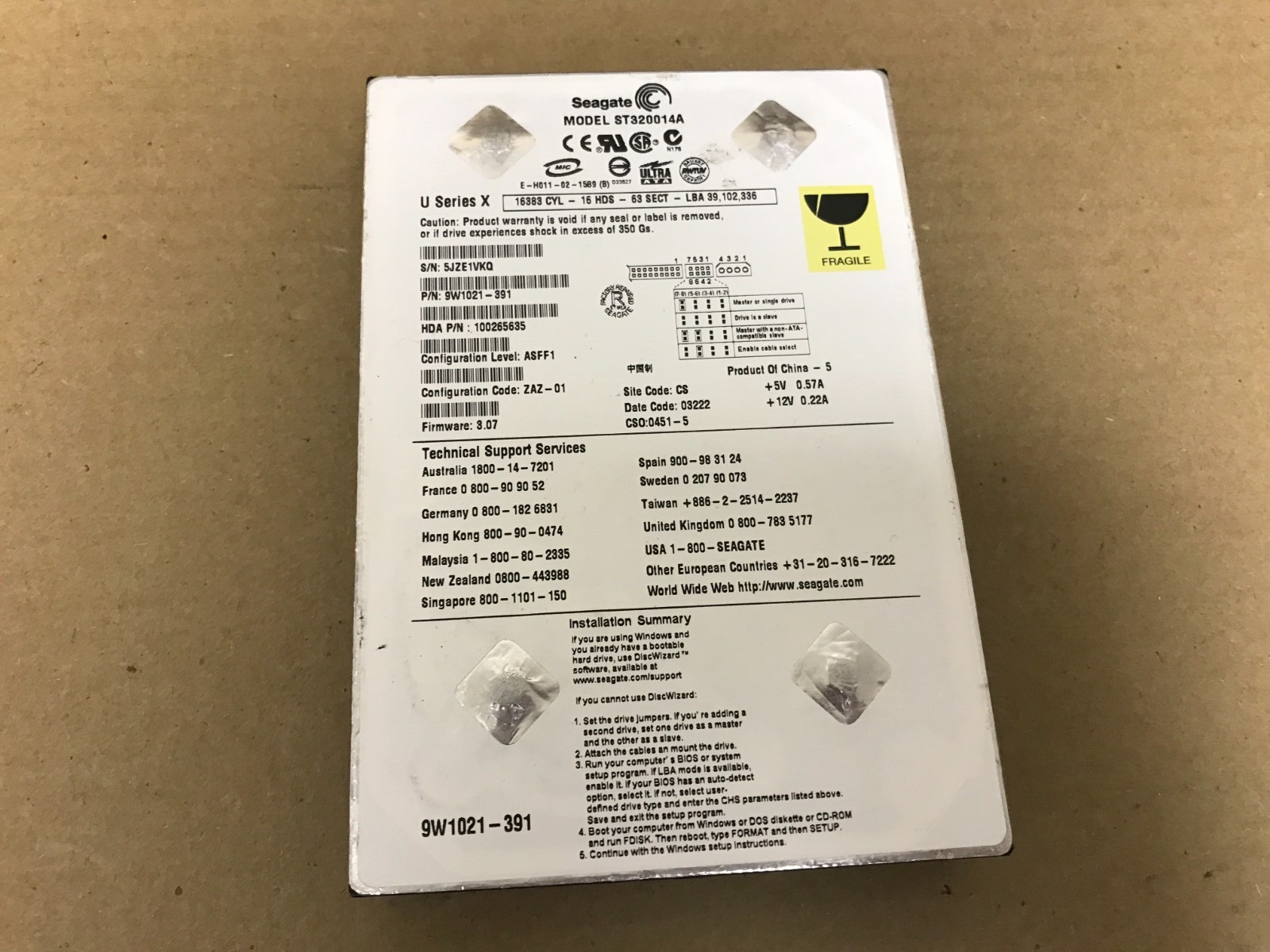 Seagate U Series X 20GB ST320014A 3.5" 5400 RPM Internal Hard Drive 9W1021-391