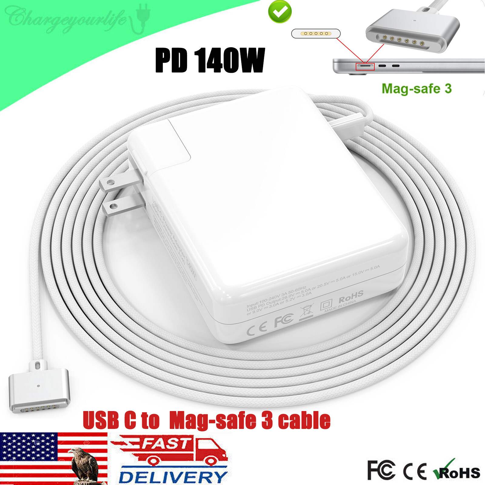 140W USB-C Power AC Adapter Charger For MacBook Pro/Air 16/15/14/13'' M1 M2 M3