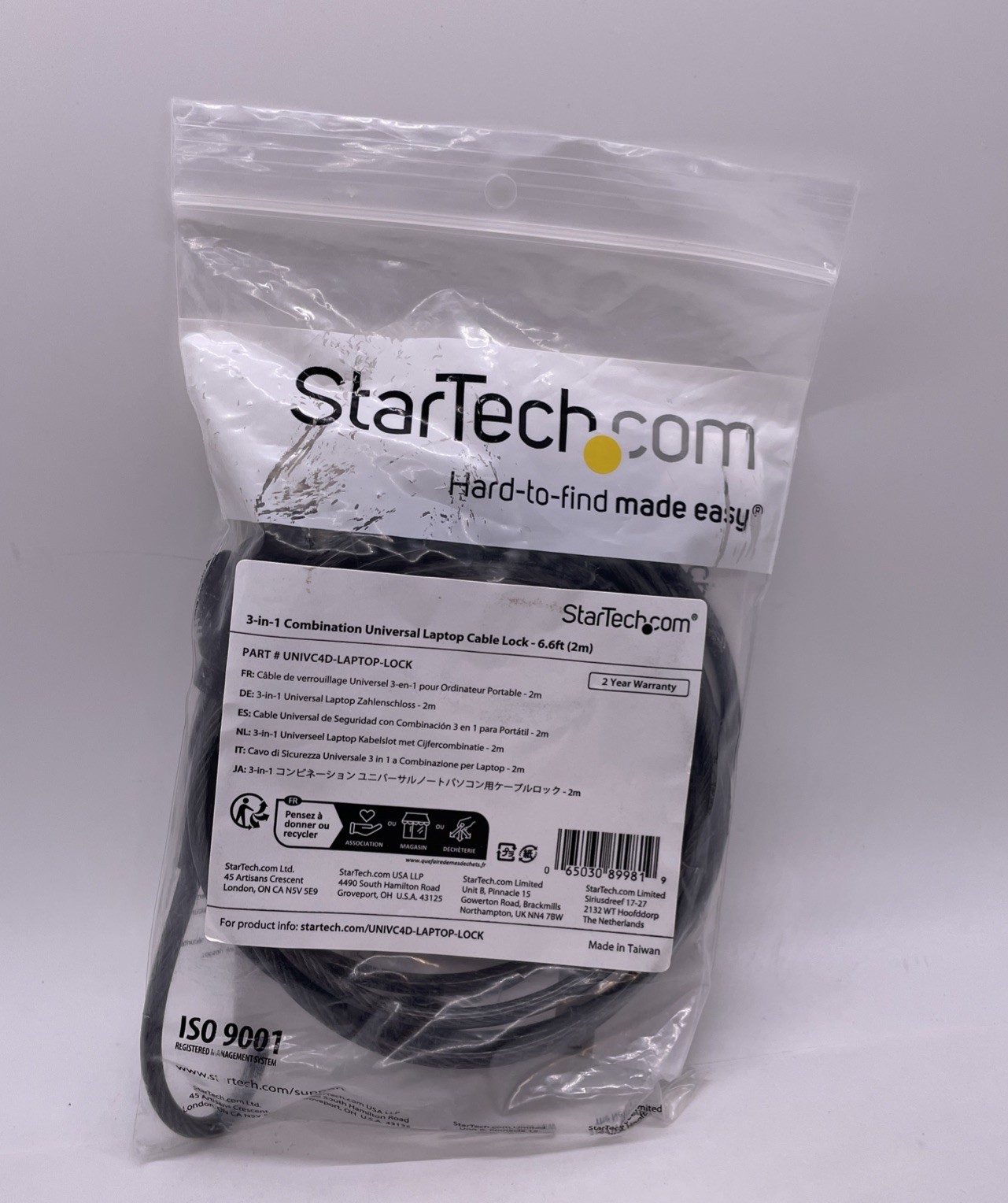 StarTech 3-in-1 Combination Universal Laptop Lock 6.6ft, UNIVC4D-LAPTOP-LOCK