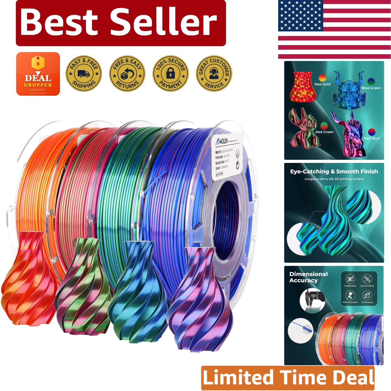 Silk PLA 3D Printer Filament Bundle - 4 Spools of Vibrant Dual Color 1.75mm