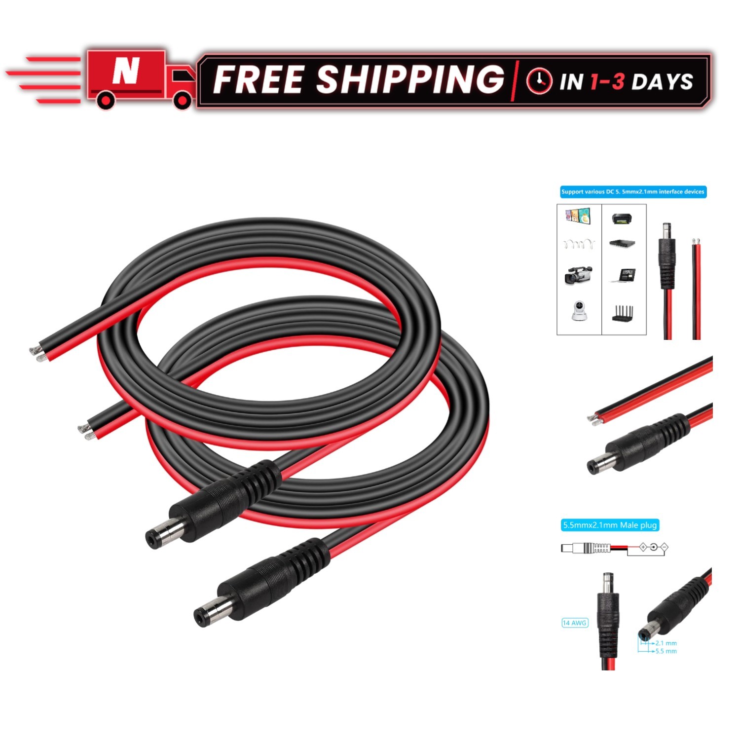 Versatile 3.2FT DC5521 Power Cable 14AWG Bare Wire - Easy Soldering 2-Pack