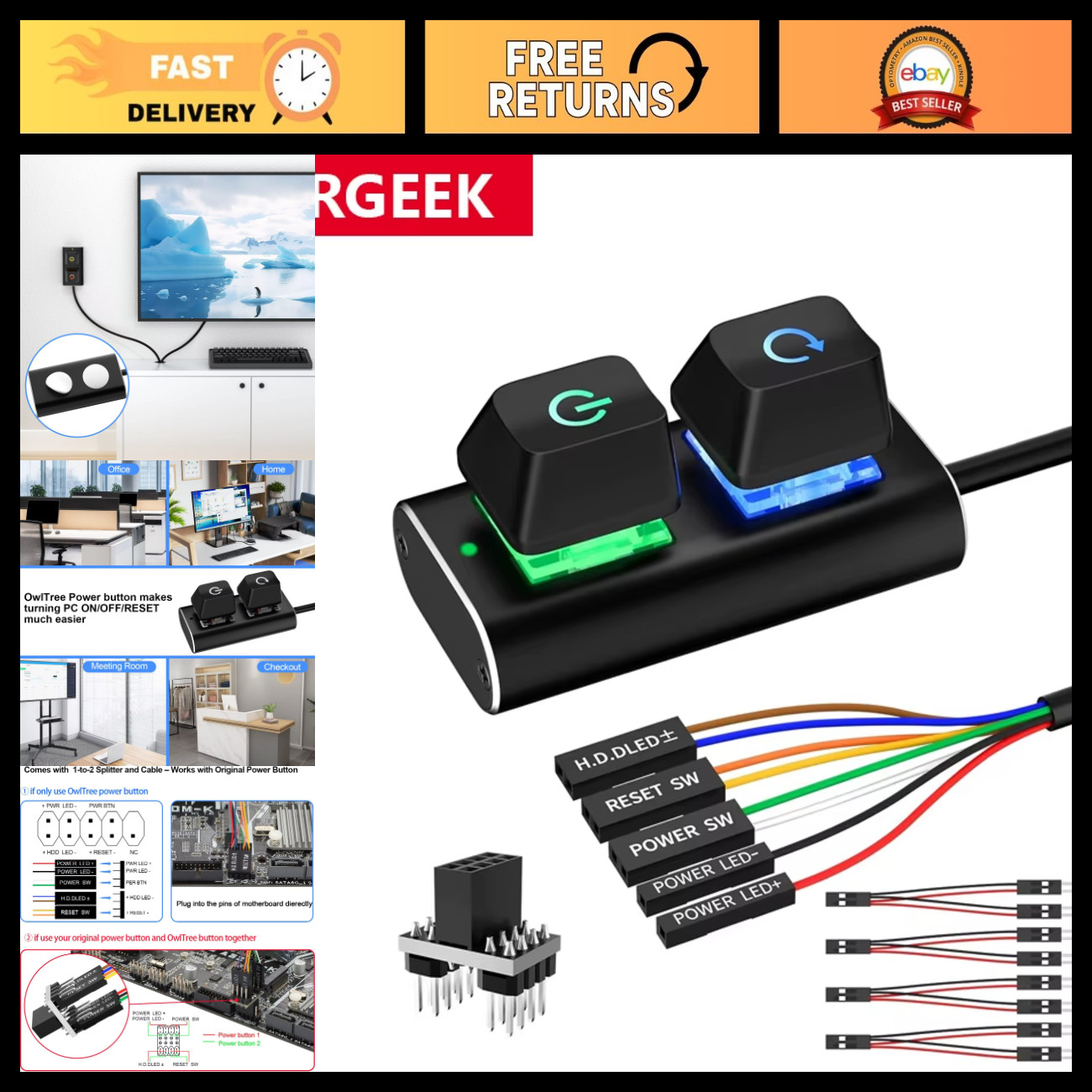 Aluminum External PC Power Switch Button with Splitter, ON/OFF Reset & HDD LED f